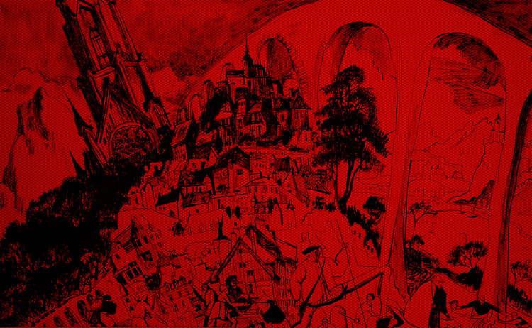 ilustração de um castelo e uma igreja no topo de uma montanha, acima de uma cidade